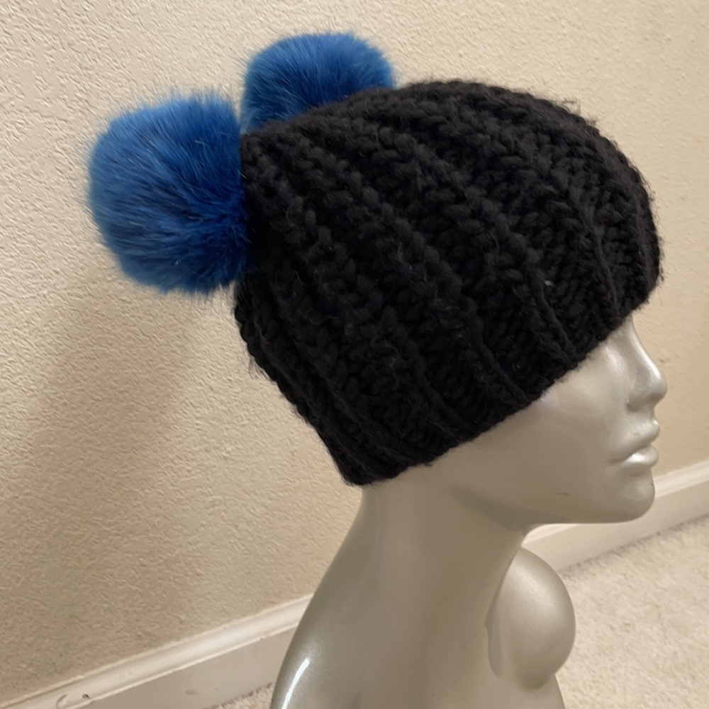 Made In Italy black knit cap with blue poms poms